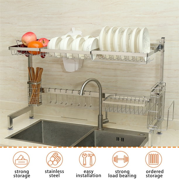 Details about / 2-Tier Dish Drying Rack Stainless Steel Drainer Kitchen Storage Saver Stand c 10